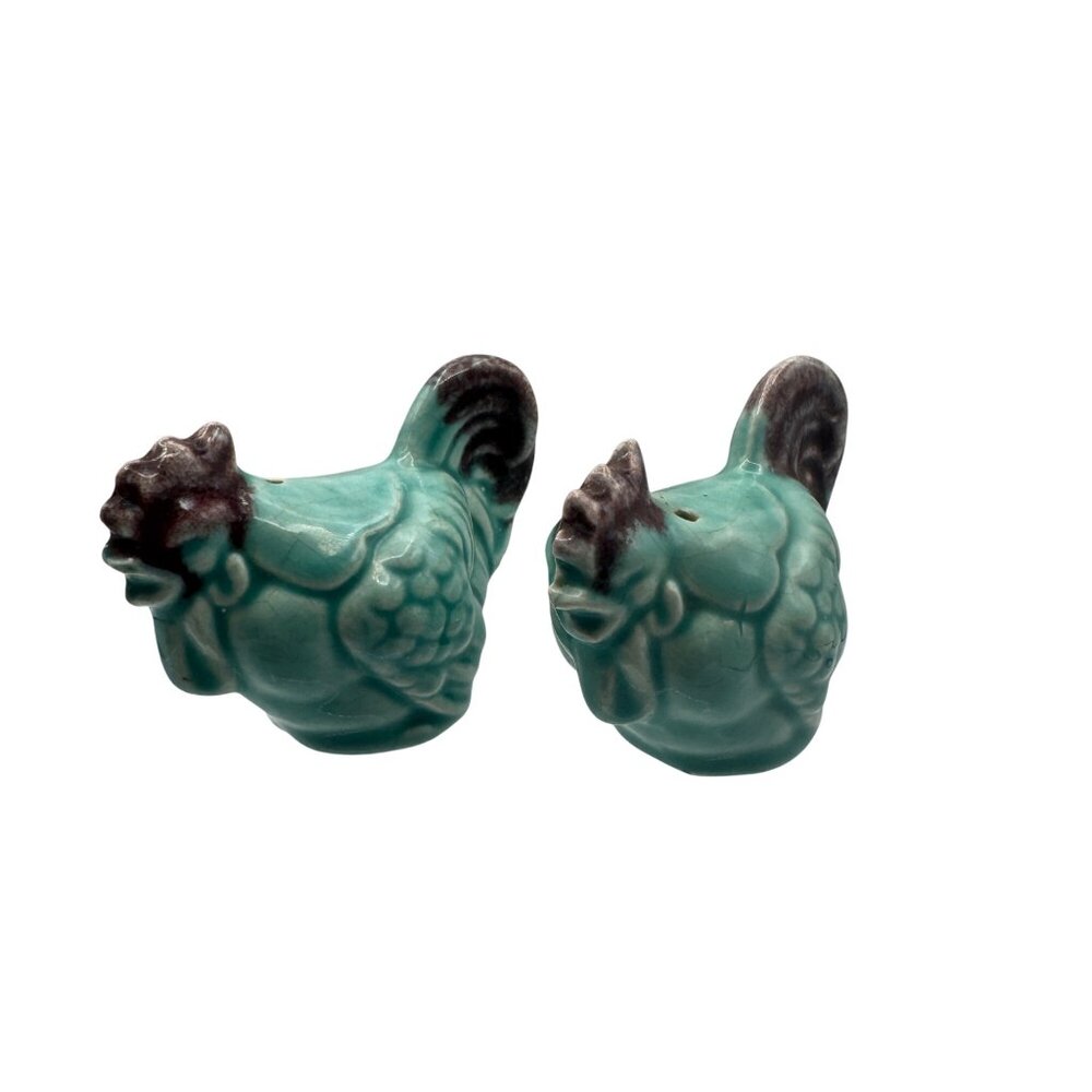 Vintage Ceramic Rooster Salt & Pepper Shakers Turquoise & Brown Glaze Figurines